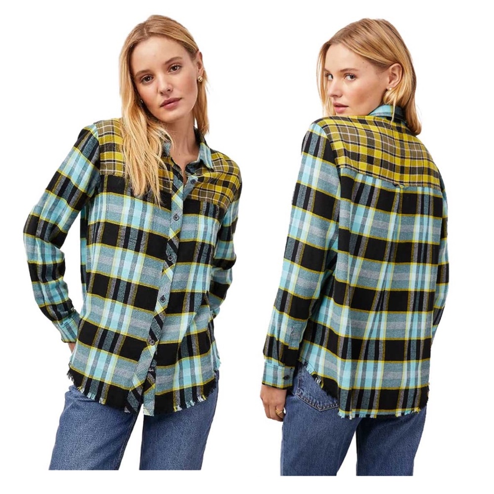 Rails Brando Sky Mixed Plaid Fringe Flannel Soft Button Up Shirt  Size Large
